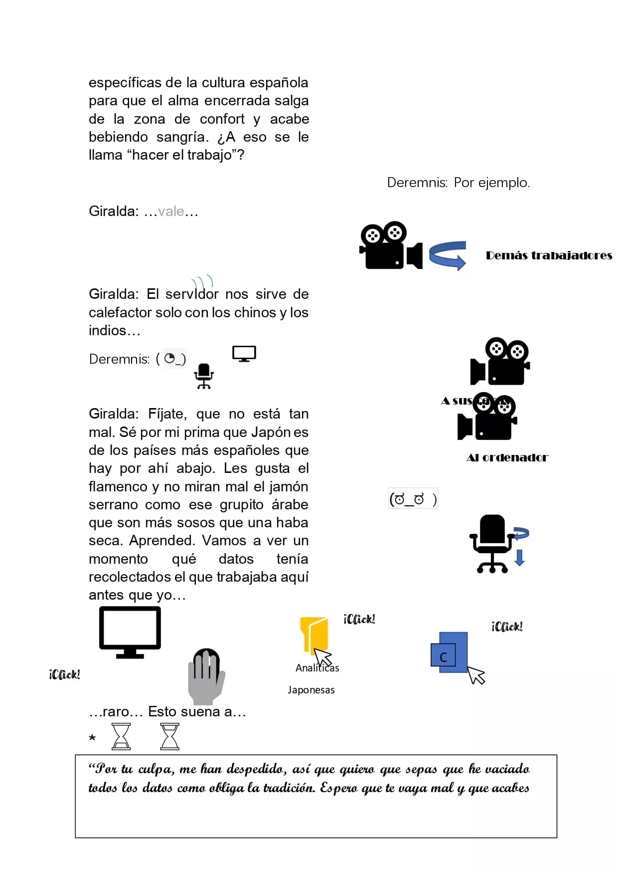 Giralda simplifica su trabajo a asignar palabras específicas a base de posicionamiento SEC a las almas mortales para acercarlas a la cultura española. Va a buscar información de los antiguos trabajadores
                                                                                      , pero son unos rencorosos y le han dejado una notita en la que pone que no la van a dar ni agua